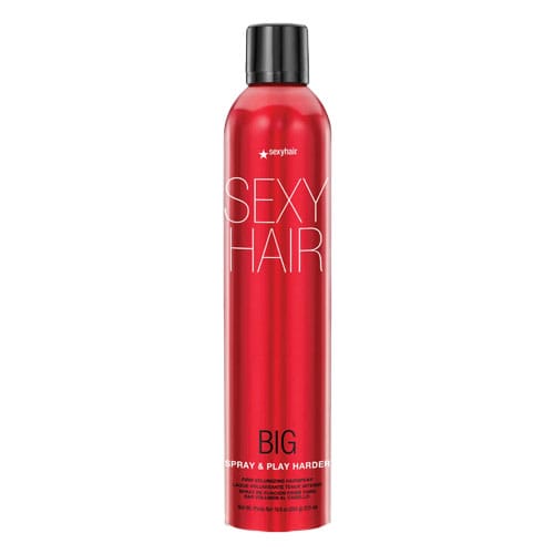 Big Sexy Hair Spray & Play Harder is a red aerosol can containing a firm hold and volumizing hairspray designed for strong, long-lasting styling with added shine.