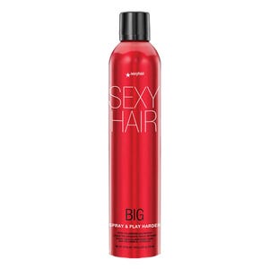 Big Sexy Hair Spray & Play Harder is a red aerosol can containing a firm hold and volumizing hairspray designed for strong, long-lasting styling with added shine.