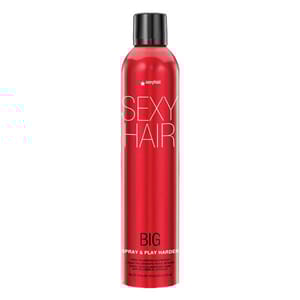 Big Sexy Hair Spray & Play Harder is a red aerosol can containing a firm hold and volumizing hairspray designed for strong, long-lasting styling with added shine.