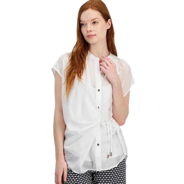A white, short-sleeve Tommy Hilfiger blouse featuring a button-down front and a tie at the waist.