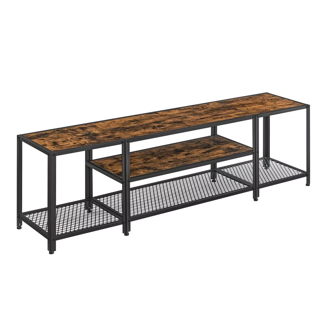 Industrial-style TV stand with a black metal frame, wooden surfaces, and mesh lower shelves, providing storage and display space.