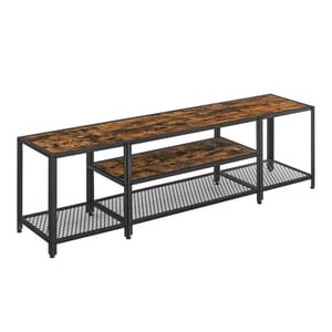 Industrial-style TV stand with a black metal frame, wooden surfaces, and mesh lower shelves, providing storage and display space.
