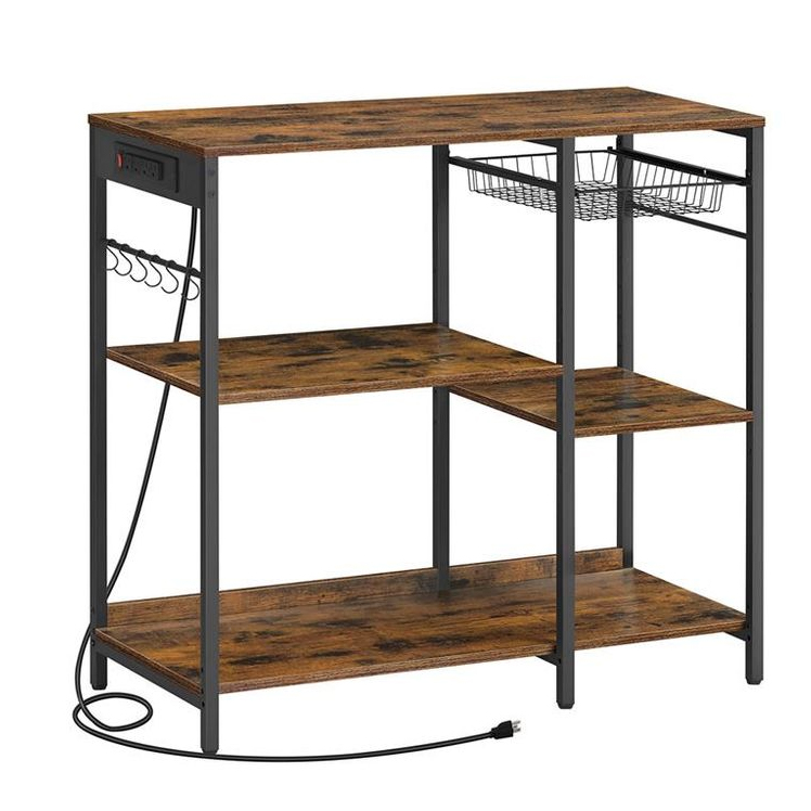 A kitchen storage rack with wooden shelves features a metal frame, hanging hooks, a wire basket, and a built-in power strip, providing versatile organization and additional functionality.