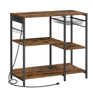 A kitchen storage rack with wooden shelves features a metal frame, hanging hooks, a wire basket, and a built-in power strip, providing versatile organization and additional functionality.