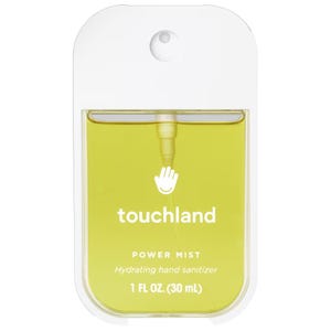 Touchland Power Mist is a 1 fl oz (30 mL) hydrating hand sanitizer spray in a compact, transparent case with a bright yellow liquid inside, designed for easy use and portability.