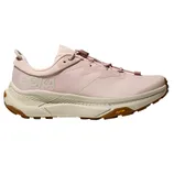 Light pink HOKA running shoe with Vibram sole, featuring a cushioned midsole and secure lacing system.