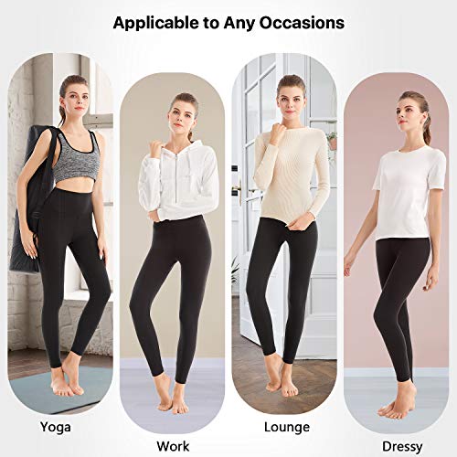 Four women are modeling black leggings styled for different occasions: yoga, work, lounge, and dressy, paired with varied tops.