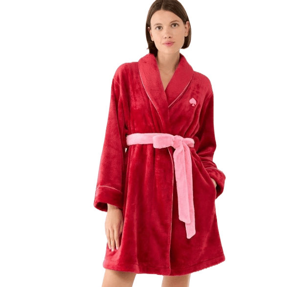 Red chenille robe with shawl collar, accented by pink piping and belt, featuring a small heart emblem on the chest.