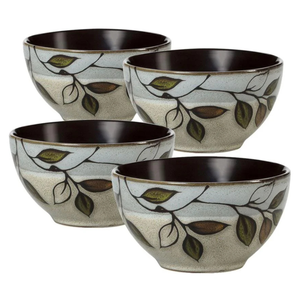 Set of four ceramic bowls with a nature-inspired design featuring branches and leaves. The bowls have a dark interior and a textured, earthy exterior.