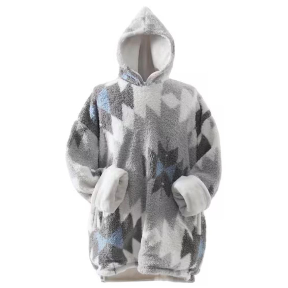 A cozy, oversized hooded blanket sweatshirt with a geometric pattern in shades of gray, white, and blue. It features large sleeves and a soft, plush lining.