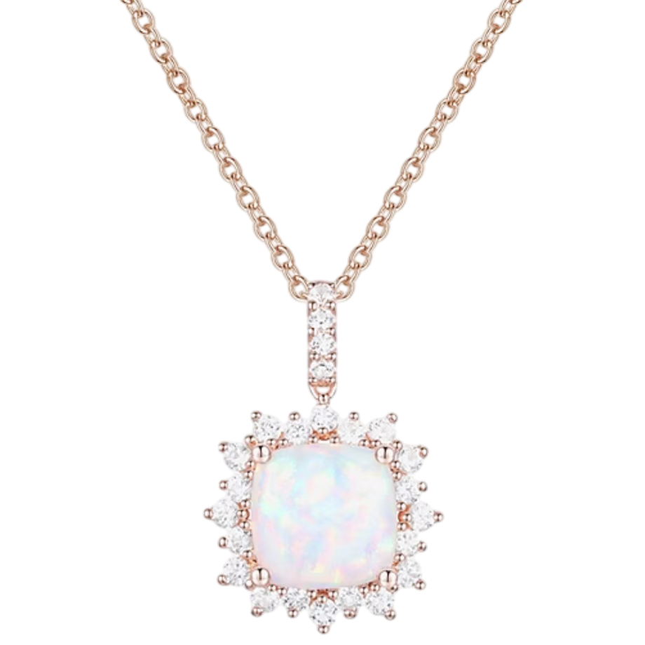 A gold chain necklace features a square opal pendant surrounded by small, round diamonds.