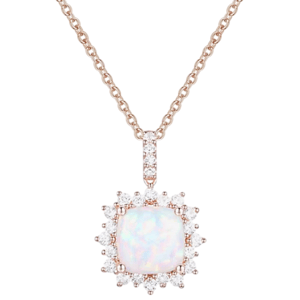 A gold chain necklace features a square opal pendant surrounded by small, round diamonds.