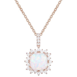 A gold chain necklace features a square opal pendant surrounded by small, round diamonds.