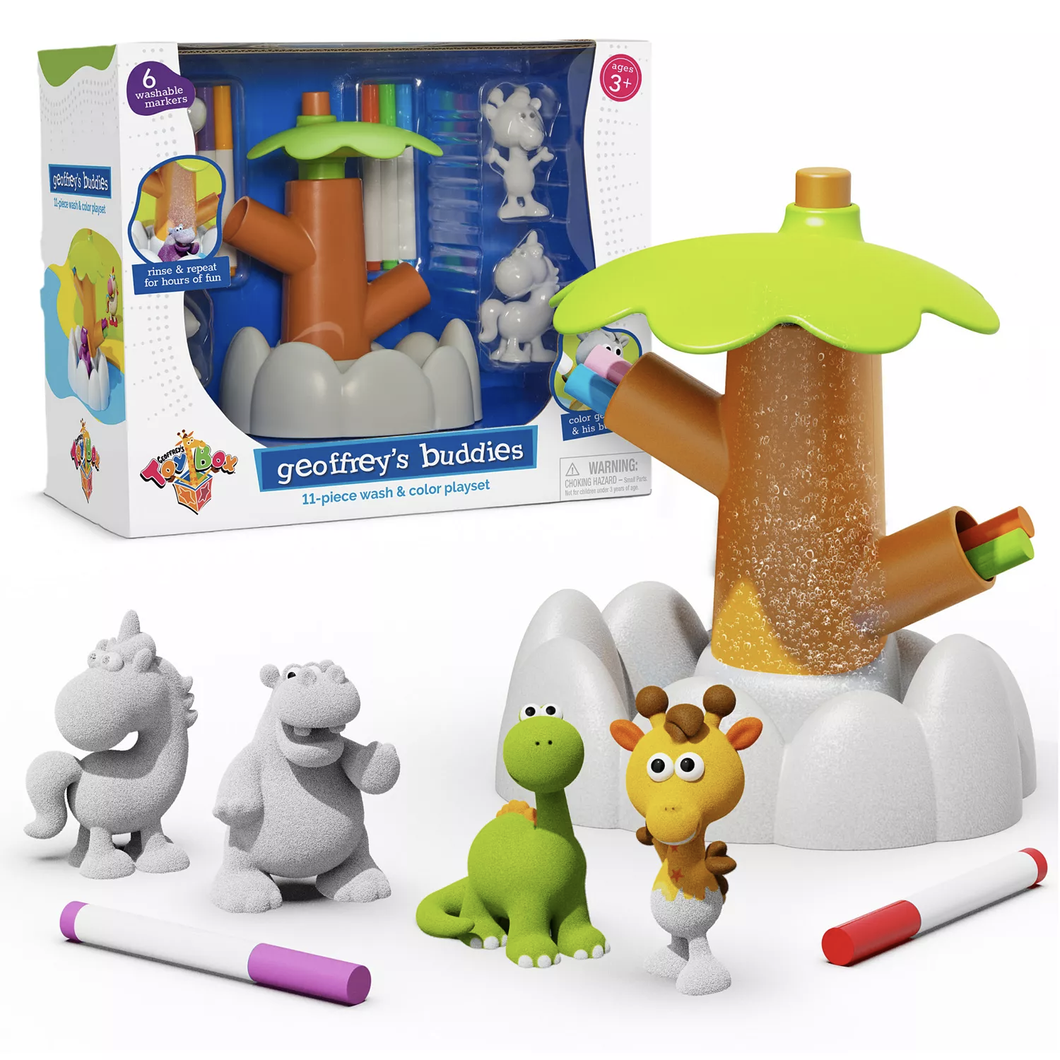 Geoffrey's Buddies 11-piece wash and color playset includes animal figures, a tree stand, and six washable markers for kids aged 3 and up.