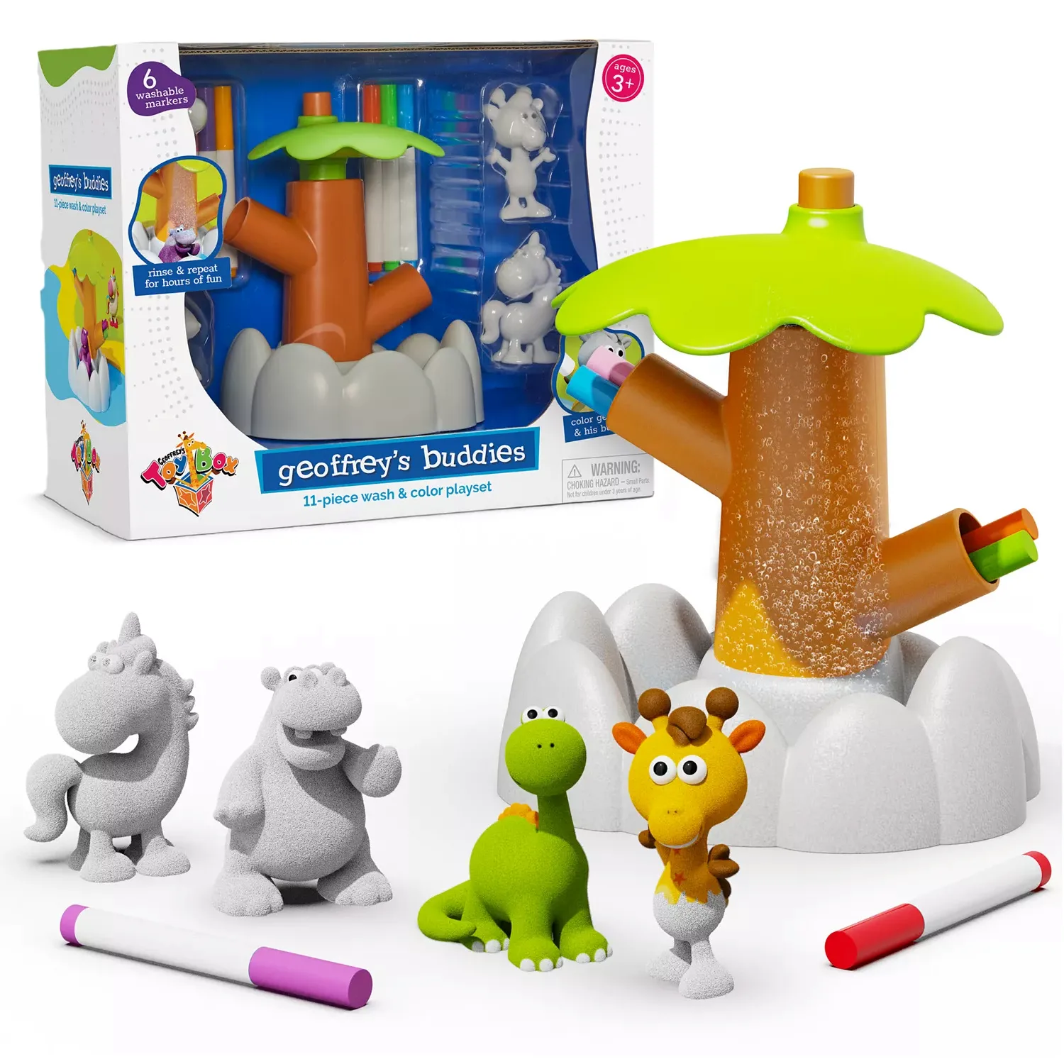 Geoffrey's Buddies 11-piece wash and color playset includes animal figures, a tree stand, and six washable markers for kids aged 3 and up.