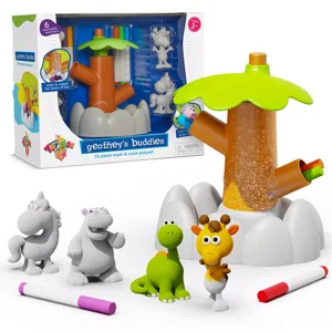 Geoffrey's Buddies 11-piece wash and color playset includes animal figures, a tree stand, and six washable markers for kids aged 3 and up.