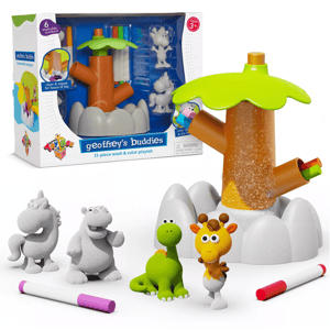 Geoffrey's Buddies 11-piece wash and color playset includes animal figures, a tree stand, and six washable markers for kids aged 3 and up.
