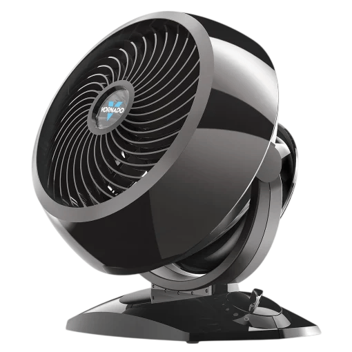 A black Vornado air circulator fan with a sleek design, adjustable tilt, and multiple speed settings.