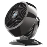 A black Vornado air circulator fan with a sleek design, adjustable tilt, and multiple speed settings.