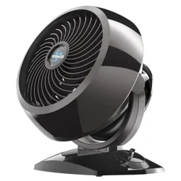 A black Vornado air circulator fan with a sleek design, adjustable tilt, and multiple speed settings.