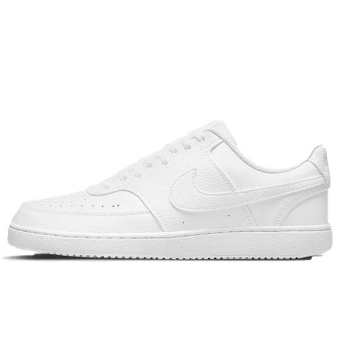 A white low-top sneaker featuring a minimalist design with a textured swoosh logo and perforations near the toe area.