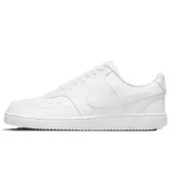 A white low-top sneaker featuring a minimalist design with a textured swoosh logo and perforations near the toe area.