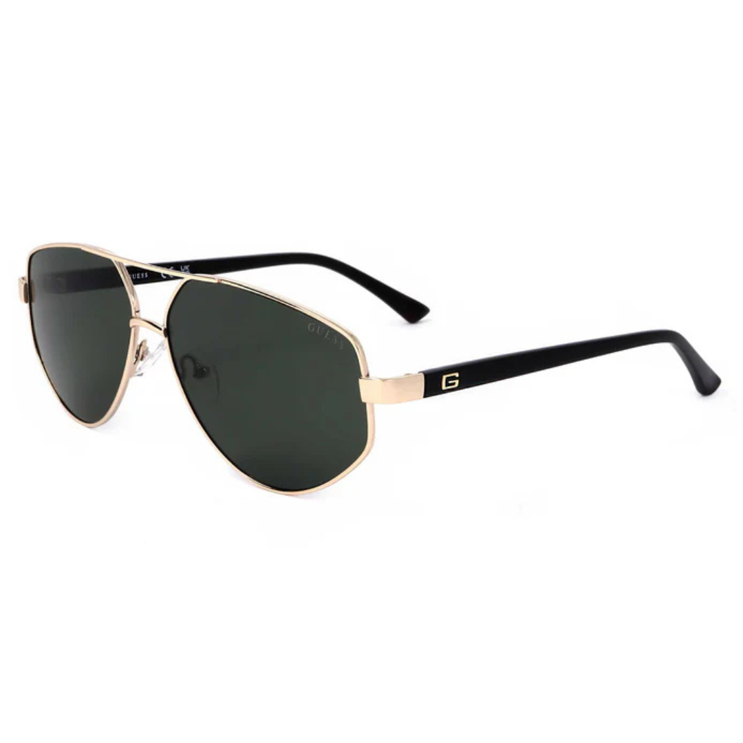 Guess aviator sunglasses with gold frames, dark lenses, and black arms featuring a gold \“G\“ logo.