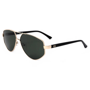 Guess aviator sunglasses with gold frames, dark lenses, and black arms featuring a gold \“G\“ logo.