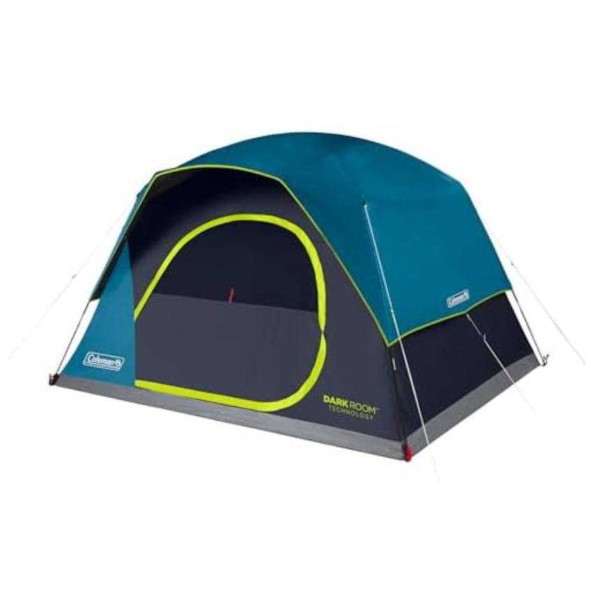 A Coleman 6-person tent featuring Dark Room Technology, with a blue and gray color scheme, neon green accents, and a dome shape designed to reduce sunlight and heat, ensuring a cooler and darker interior.