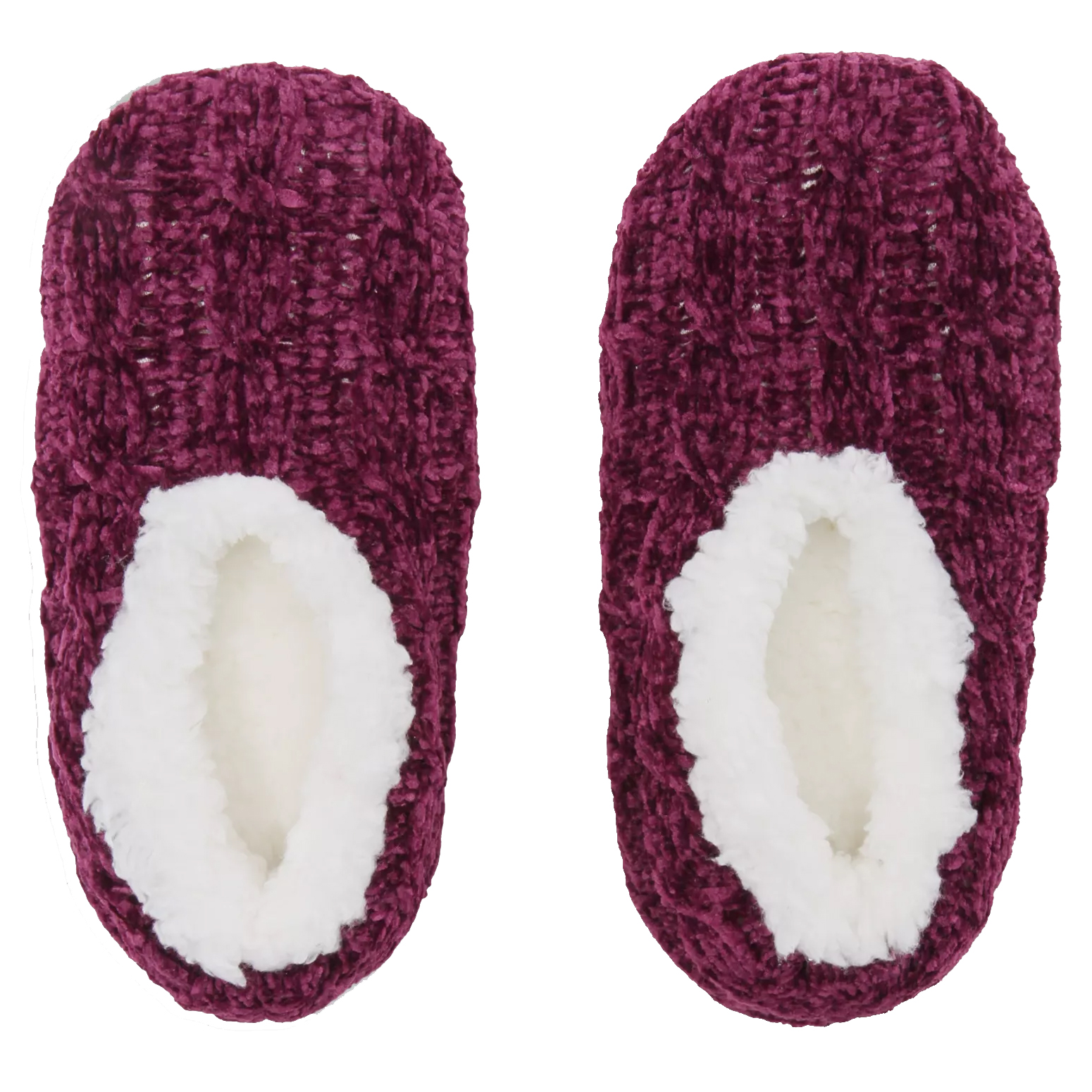 Plush purple slippers with a knitted texture and white fleece lining, designed for comfort and warmth.
