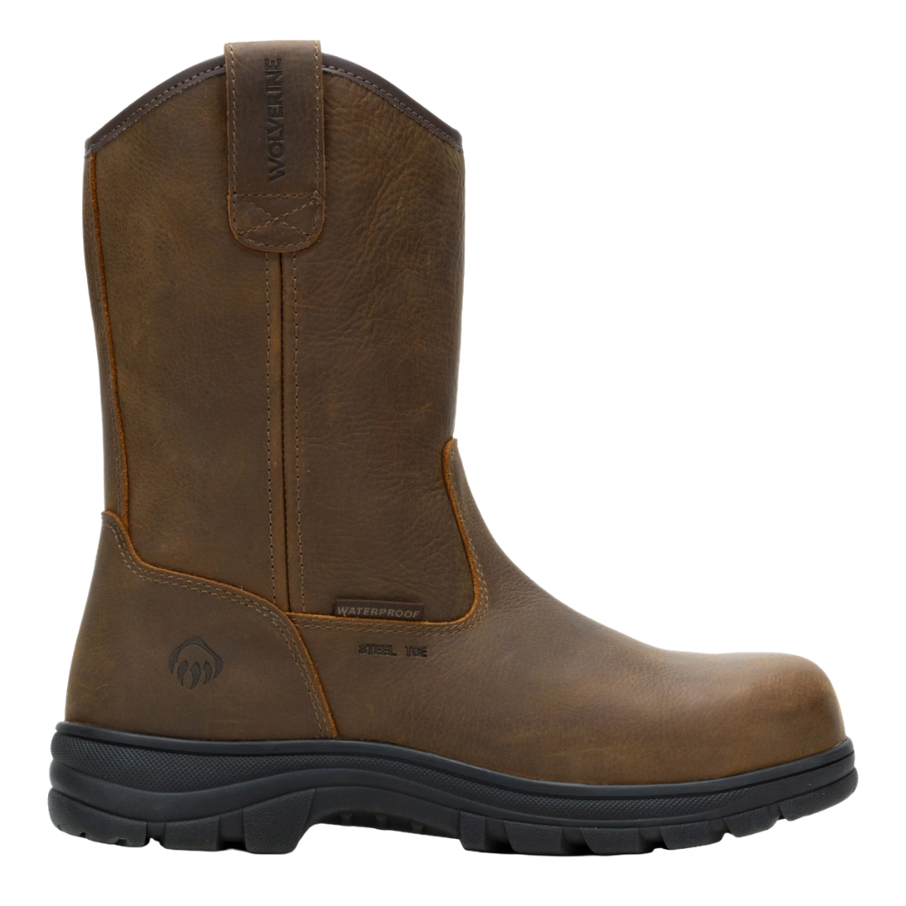 Brown pull-on work boot with a waterproof leather upper, steel toe, and durable rubber outsole.