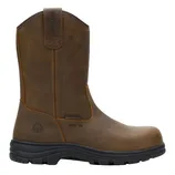 Brown pull-on work boot with a waterproof leather upper, steel toe, and durable rubber outsole.
