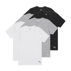 A set of five short-sleeve T-shirts in black, gray, and white, each featuring a small puma logo near the hem.