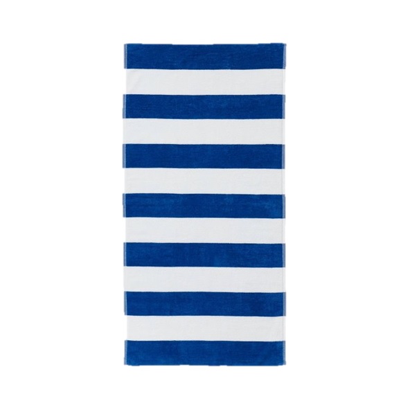 A rectangular beach towel with alternating blue and white horizontal stripes.