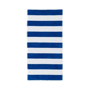 A rectangular beach towel with alternating blue and white horizontal stripes.