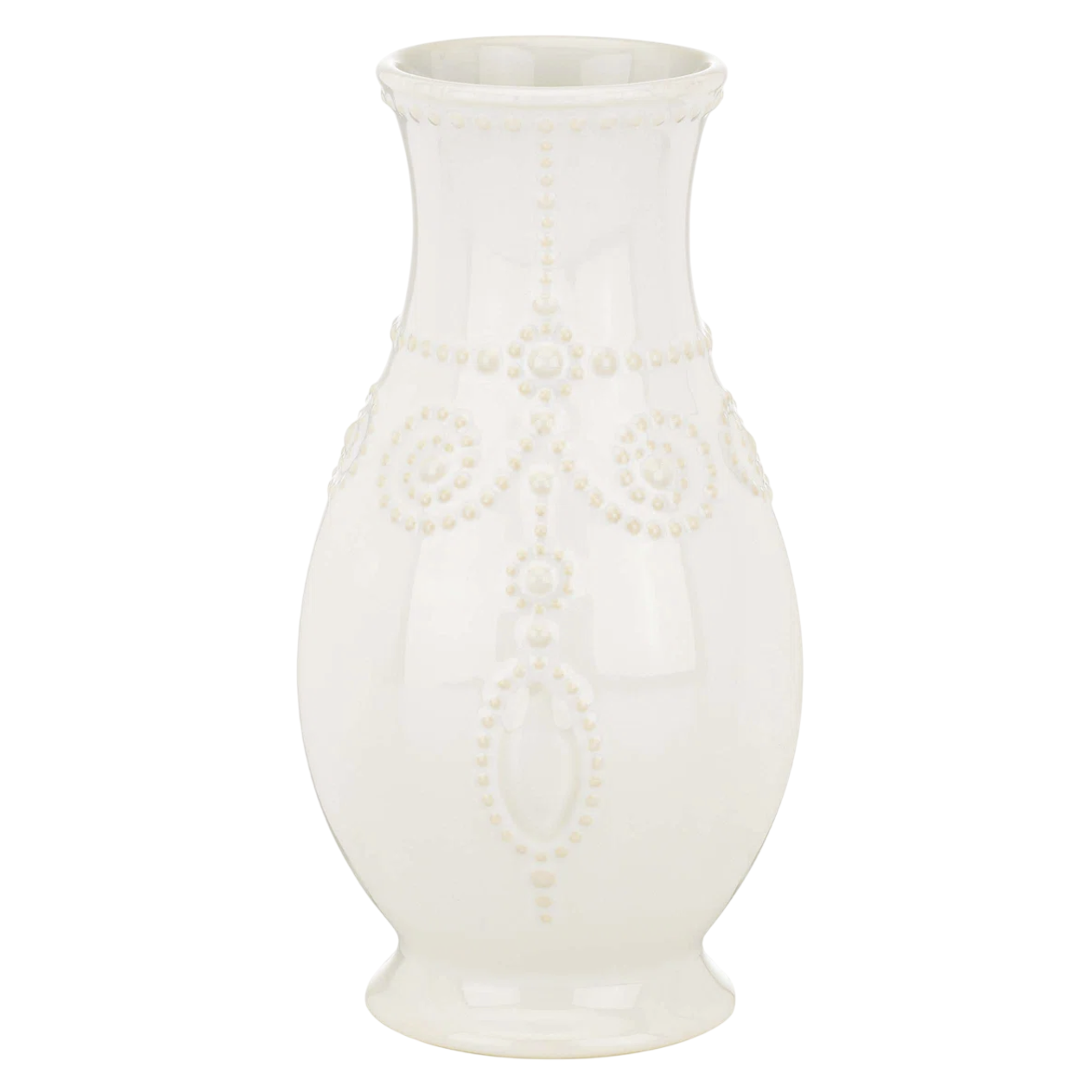 A white ceramic vase with an embossed, decorative pattern featuring beads and floral motifs, designed in an elegant, rounded shape on a pedestal base.