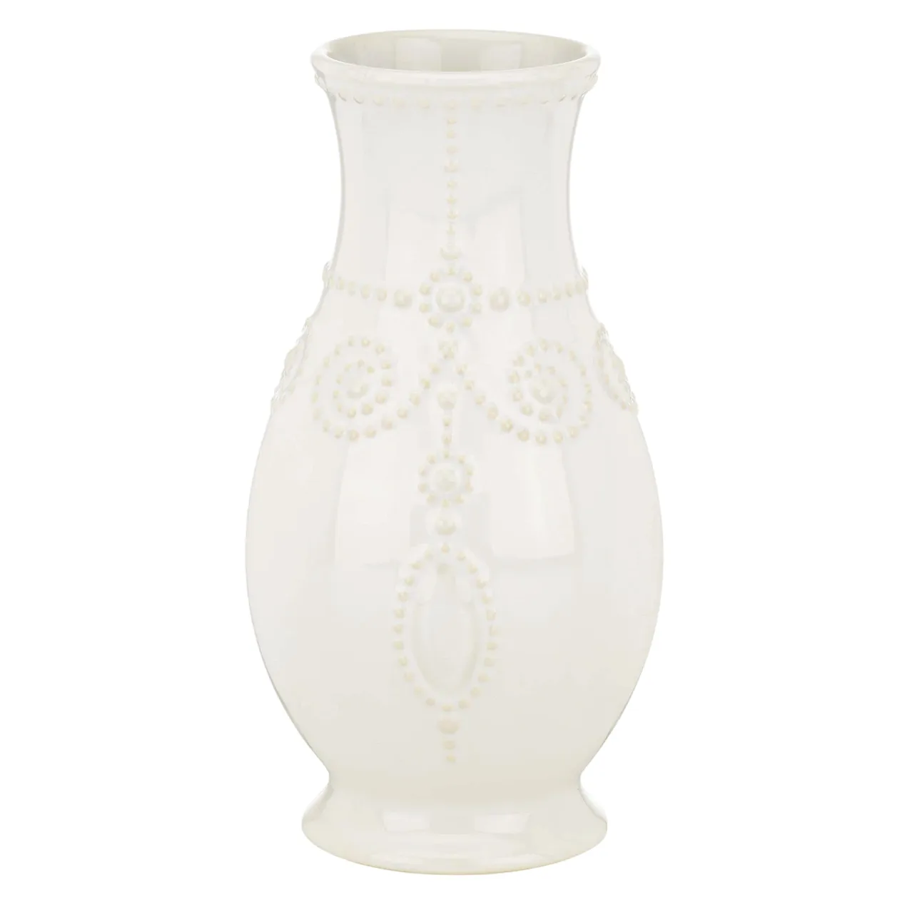 A white ceramic vase with an embossed, decorative pattern featuring beads and floral motifs, designed in an elegant, rounded shape on a pedestal base.