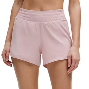 Light pink high-waisted athletic shorts with a tiered waistband design.