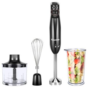 A black iCucina immersion blender set with a motorized handle, whisk attachment, chopper bowl, and a clear measuring cup filled with fruit.