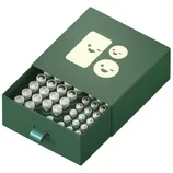 A green box contains AA batteries, with a playful design of positive and negative symbols on the lid.