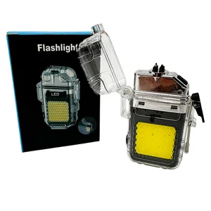 Transparent LED flashlight with a yellow light panel and a flip-open lid, displayed alongside its packaging box labeled \“Flashlight.\“