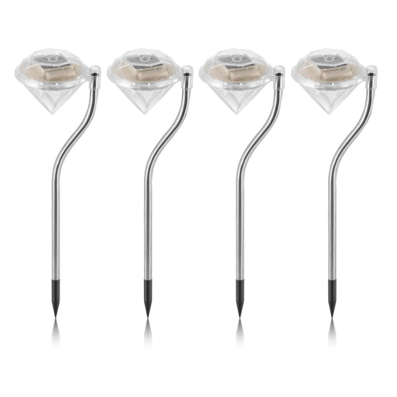 Set of four solar-powered garden lights with a diamond-shaped top and sleek metal stakes.
