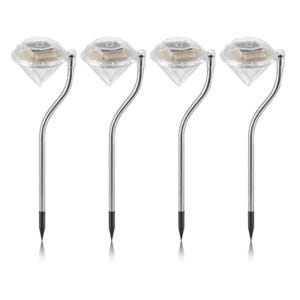 Set of four solar-powered garden lights with a diamond-shaped top and sleek metal stakes.