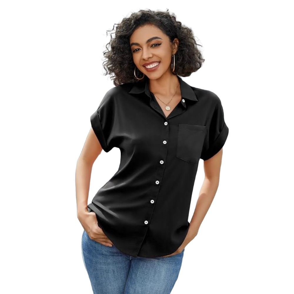 Black short-sleeve button-down blouse with a front pocket, white buttons, and a collared neckline, paired with blue jeans.