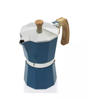 Blue stovetop espresso maker with a silver lid and a wood-textured handle and knob. Classic octagonal design, suitable for brewing 6 cups of espresso.