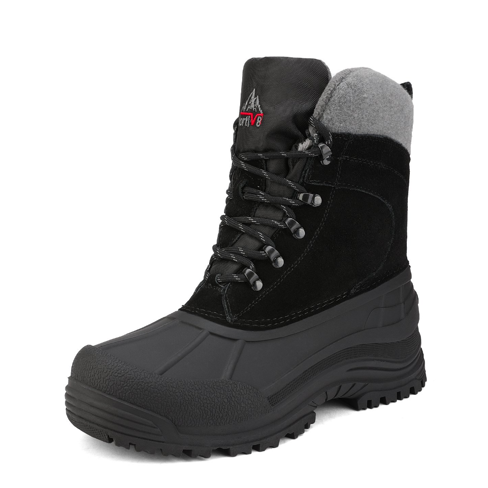 Black winter boot with a rugged rubber sole, lace-up design, and grey fabric collar for warmth.