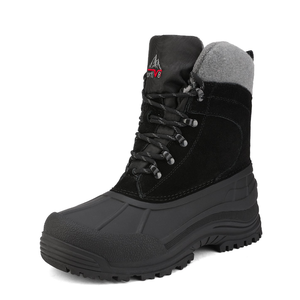 Black winter boot with a rugged rubber sole, lace-up design, and grey fabric collar for warmth.