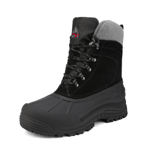 Black winter boot with a rugged rubber sole, lace-up design, and grey fabric collar for warmth.
