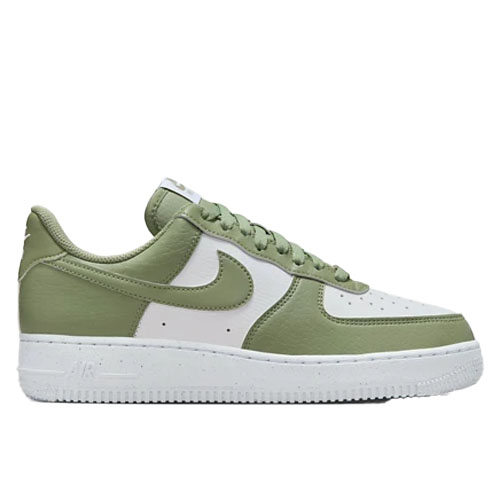 A pair of green and white Nike Air Force 1 sneakers featuring a classic low-top design with a white sole and green leather accents.