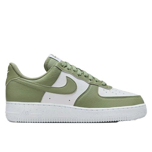 A pair of green and white Nike Air Force 1 sneakers featuring a classic low-top design with a white sole and green leather accents.